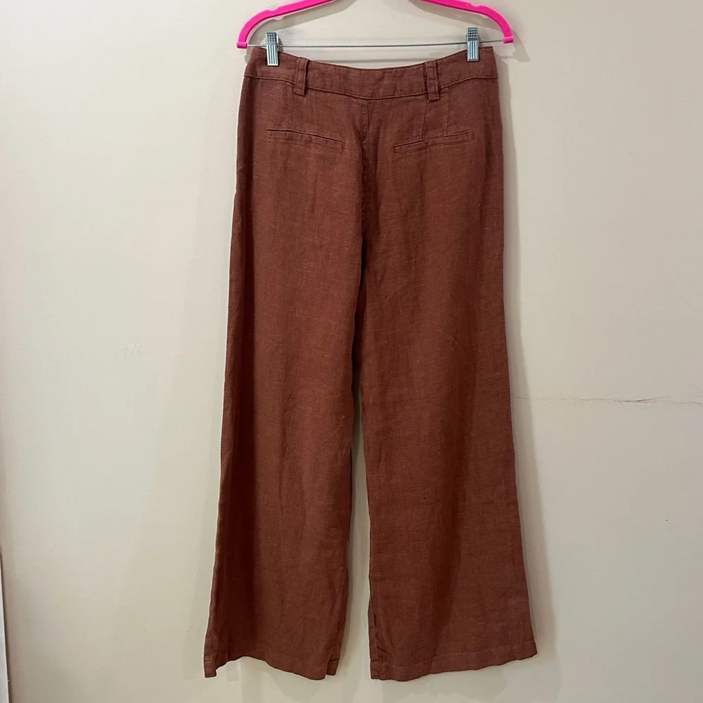ZARA Terracotta Linen Wide Leg Pleated Pants Rust Brown Boho Trouser Women’s M